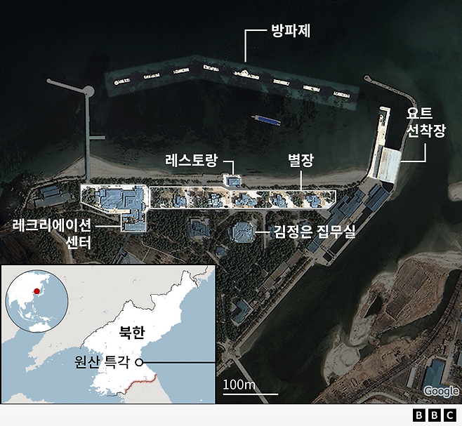 구글어스를 통해 본 원산 특각. 강 씨에 따르면 2500여 명의 974부대 대원들이 이 특각을 지키고 있다