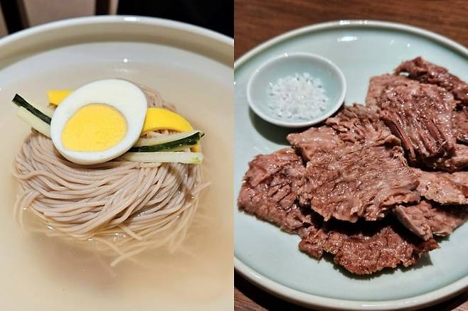 서령의 평양냉면(왼쪽)과 매일 한정 수량만 판매하는 소고기 수육./김성윤 기자