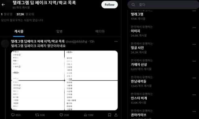 온라인에 공유되고 있는 딥페이크 피해 학교 명단. 온라인 커뮤니티 캡처