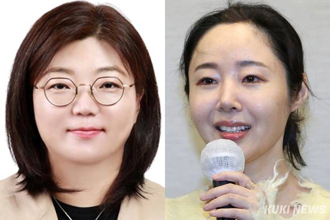 김주영 어도어 신임 대표이사(왼쪽)와 민희진 전 어도어 대표. 사진=어도어, 박효상 기자