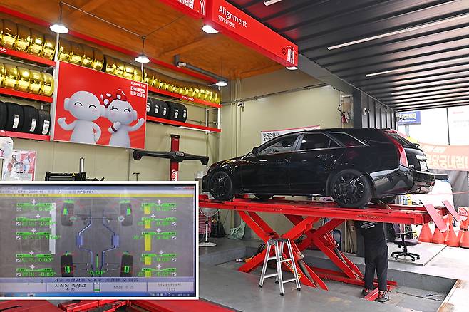 타이어 교체 후에는 휠 얼라이먼트를 교정하고, 그 내역에 대한 설명까지 들을 수 있었다. 김학수 기자