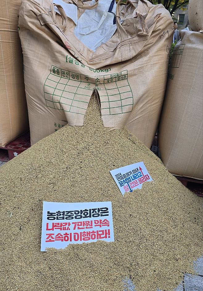 전국농민회총연맹과 전국쌀생산자협회가 24일 오후 서울 농협중앙회 본관 앞에서 기자회견을 열고 나락값 7만원 공약 이행 등 즉각적인 쌀값 안정화 대책마련을 촉구하는 가운데 나락포대에 항의 피켓이 놓여있다.