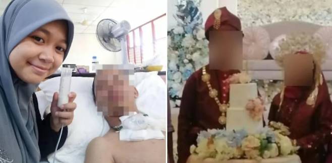 교통사고를 당한 남편을 6년간 지극정성으로 간호한 여성이 건강을 회복한 남편과 이혼했다. 사진은 병상에 누워있는 남편과 아내 누룰 샤즈와니(왼쪽)의 모습과 새로운 여성과 결혼하는 남편의 모습. /사진=SCMP 캡처