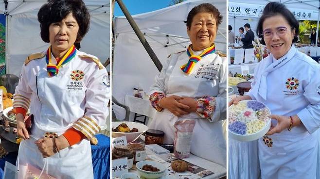 4일 여의도 국회의사당 국회 박물관 앞 잔디광장에서 열린 제12회 한국식문화세계화대축제 행사장에서 (사진 왼쪽부터)요리연구가인 권현숙 테이스트 연구소 대표와 이경자 홍주발효식품 대표, 약선명장 이경애 외식연구소 대표가 각자 출품작들을 소개하고 있다. 문혜원 기자