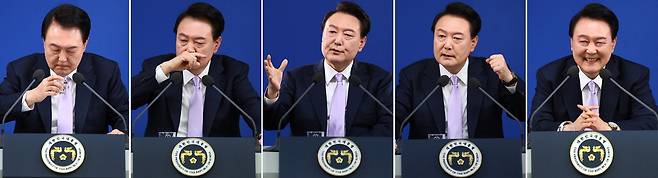 속타고…항변하고…활짝 웃고 윤석열 대통령이 7일 서울 용산 대통령실에서 열린 대국민 담화·기자회견에서 국내외 취재진의 질문에 답변하며 다양한 제스처를 취하고 있다. 이날 윤 대통령은 15분간 약 3400자 분량의 대국민 담화를 발표한 뒤 125분에 걸쳐 총 26개의 질문에 답변했다. 이승환 기자