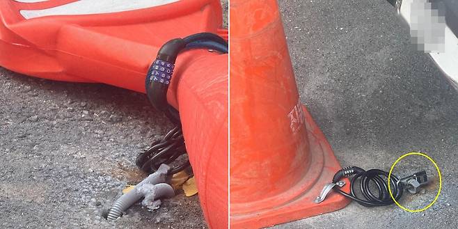 주차장 바닥에 구멍을 뚫어 주차금지 표지판을 설치한 모습./보배드림