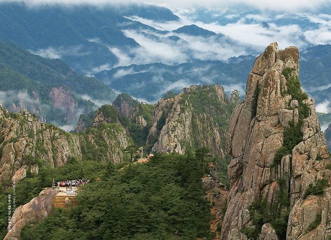 불광 50주년 기념 '찰나의 빛, 영겁의 시간'에 수록된 하지권 작가의 '설악산 봉정암 기도객들'. /불광미디어