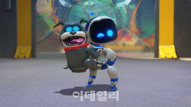 소니인터랙티브엔터테인먼트(SIE)가 서비스하는 ‘아스트로 봇’ 게임 화면. 주인공 로봇이 강아지 로봇을 등에 업고 있다.(사진=SIE)