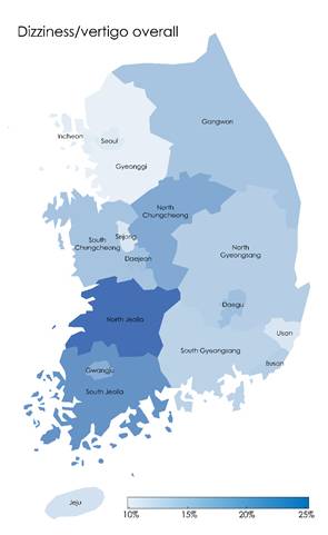 어지럼증은 서울, 경기, 인천, 부산 등 대도시 지역에서 발생 비율이 낮고(연한 하늘색), 지방에서는 비교적 높게(짙은 파란색) 나타났다./사진=분당서울대병원
