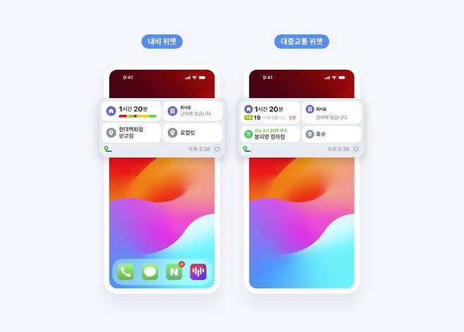 네이버 지도 애플리케이션(앱)의 아이폰 운영체제(iOS) 위젯 업데이트 예시. 집·회사·자주 가는 곳 등을 추가한 후 각각 교통수단으로 내비게이션을 등록한 위젯(왼쪽)과 대중교통을 등록한 위젯 화면 (네이버 지도 공식 블로그 공지사항 갈무리)