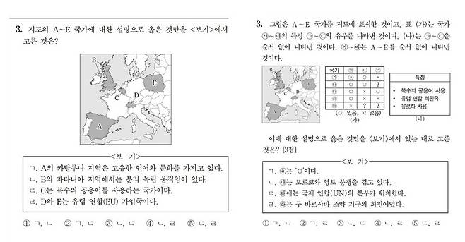 왼쪽은 2023학년도 수능 세계지리 3번 문항. 오른쪽은 수험생들이 온라인 커뮤니티(디시인사이드)에서 수능 출제의 퍼즐화 경향을 패러디한 가상의 문항.
