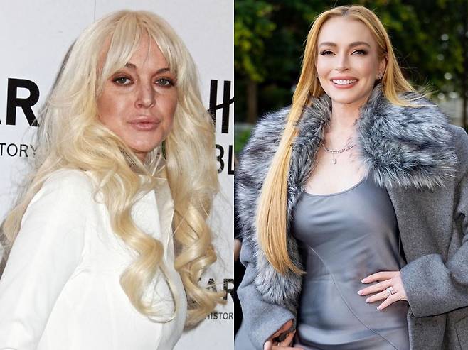 미국 배우 린제이 로한(38)이 리즈 시절 미모를 되찾은 비결에 대해 이야기했다. 2012년 한 행사에 참석한 로한의 모습과 2024년 모습./사진=alamy, 린제이 로한 SNS