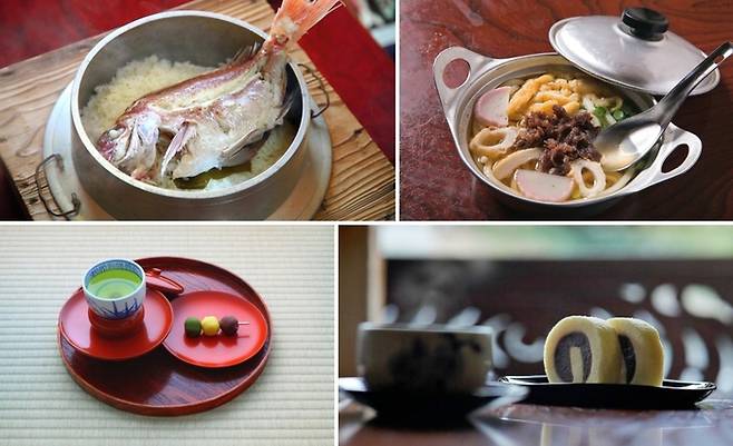 마쓰야마 여행에서 빼놓을 수 없는 음식들. 위 왼쪽 사진부터 시계방향으로 도미밥, 나베야끼 우동, 마쓰야마 타르트, 봇짱 당고 / 사진=마쓰야마시 관광 공식 사이트
