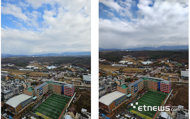 엣지50프로(오른쪽)과 갤럭시S23울트라로 찍은 풍경. 엣지50프로는 조금 더 어두운 색감을 나타냈다.