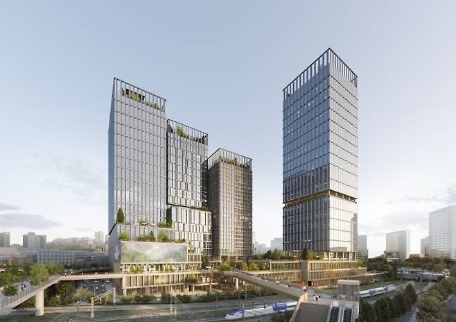 한화 컨소시엄이 추진 중인 '서울역 북부역세권 복합개발사업'이 최근 서울시로부터 착공 승인을 받아 다음달부터 본격 공사에 착수할 예정이다. 사진은 서울역 북부역세권 복합개발사업 정면 조감도. /사진=한화