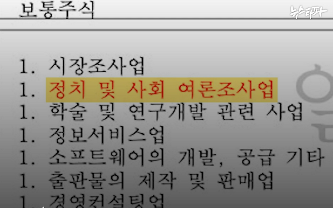 김한정 회장이 2022년 11월 22일 설립한 리서치○○○○○라는 이름의 여론조사업체 사업 목적. ⓒ뉴스타파