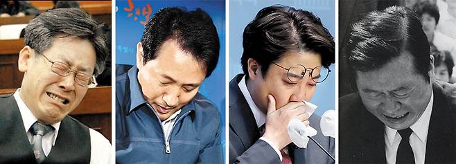 정치인에게 어떤 눈물은 인생의 변곡점이 됐다. 이재명 민주당 대표가 변호사 시절이던 2004년 성남 시립의료원 설립이 무산되자 얼굴을 일그러뜨리고 우는 모습. 오세훈 시장은 2011년 시장직을 걸고 무상급식 여부를 주민투표에 부치며 눈물을 보였고, 이준석 개혁신당 의원은 지난해 윤석열 대통령 측과 갈등을 빚으며 탈당, 신당 창당을 하기까지 수차례 울었다. 김대중 전 대통령은 1987년, 16년 만에 광주광역시 망월동 5·18 묘역을 찾아 하염없이 눈물을 흘렸다(왼쪽부터 순서대로). /조선일보DB