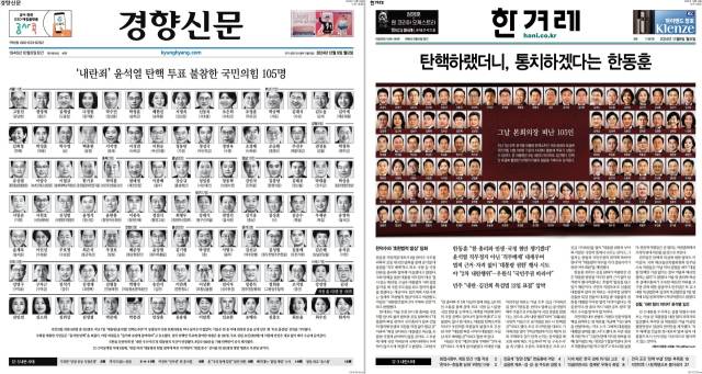 ▲ 12월 9일 자 <경향신문>과 <한겨레> 1면.