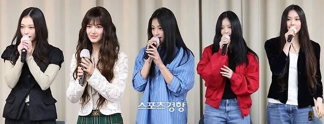 지난달 28일 서울 모처에서 하이브와 어도어에 전속계약 해지를 통보하는 기자회견을 연 뉴진스 멤버들. 경향신문 자료사진