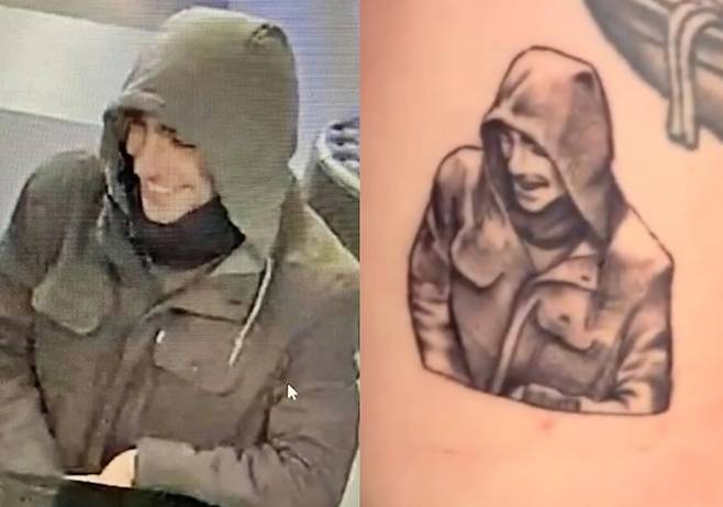 라이언 톰슨 총격 사건 용의자 루이지 맨지오니. 사건 발생 전 인근 호스텔 폐쇄회로(CC)TV에 촬영된 용의자 모습. 오른쪽은 이 모습으로 제작한 타투 스티커를 몸에 붙인 사진. 사진=뉴욕경찰(NYPD)/엑스 캡처