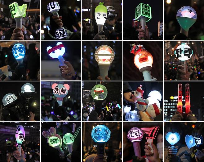 지난 10일과 11일 서울 여의도 국회 앞에서 열린 윤석열 대통령 탄핵 촉구 촛불집회에 참가자들이 윤석열 탄핵으로 ‘봉꾸’(응원봉 꾸미기)한 작품들을 모아봤다. 백소아 기자 thanks@hani.co.kr
