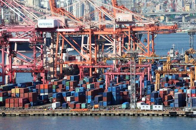 부산 남구 감만부두 야적장에 컨테이너가 가득 쌓여 있다. ⓒ뉴시스