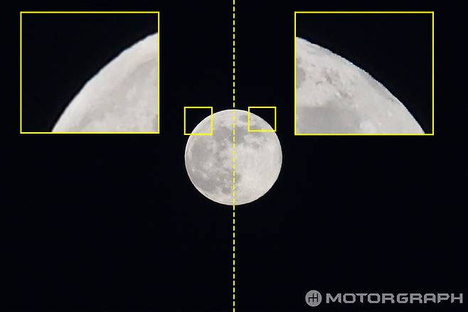 왼쪽이 업스케일링 전, 오른쪽이 업스케일링 후. 전체적인 노이즈가 줄었고, 달의 윤곽선과 크레이터가 뚜렷해졌다.