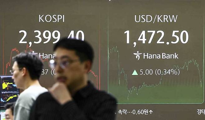 하나은행 딜링룸 전광판에 지수가 표시되고 있다. /사진=뉴시스