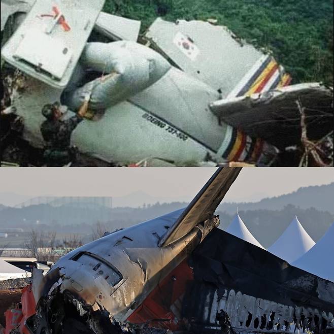 1993년 발생한 '아시아나 여객기 추락사고' 이후 군인들이 잔해를 수색하고 있다. (위쪽 사진) 무안 제주항공 사고 이후 기체의 꼬리 부분이 덩그러니 놓여있는 모습.(아랫쪽 사진)