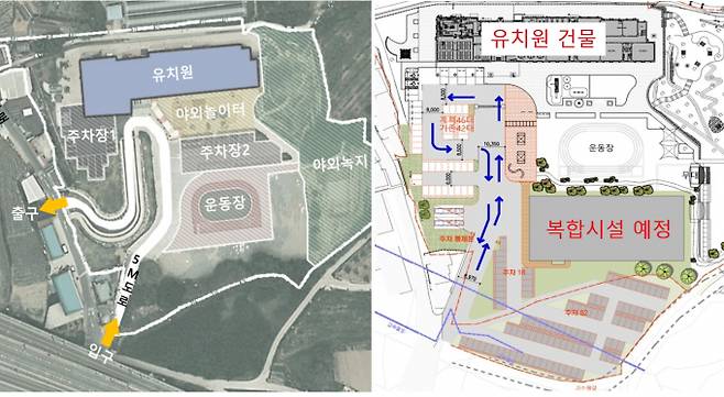 김천시 율빛 유치원 복합시설 예정 부지(좌측)와 공사 계획 전경(우측) 사진. 공사 계획 전경(우측)에는 통학 차량의 진입 경로와 복합시설 배치가 표시되어 있다. 학부모들의 주장과 달리, 복합시설은 유치원 건물과 거리가 떨어져 있고, 놀이 시설과 운동장도 충분히 반영돼 있는 것을 확인할 수 있다/사진제공=경북도교육청