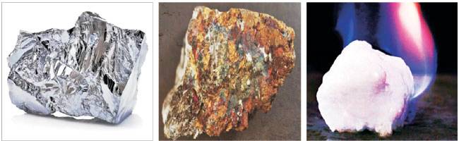 북극에서 채취되는 지하자원들. 왼쪽부터 니켈, 희토류, 메탄하이드레이트.