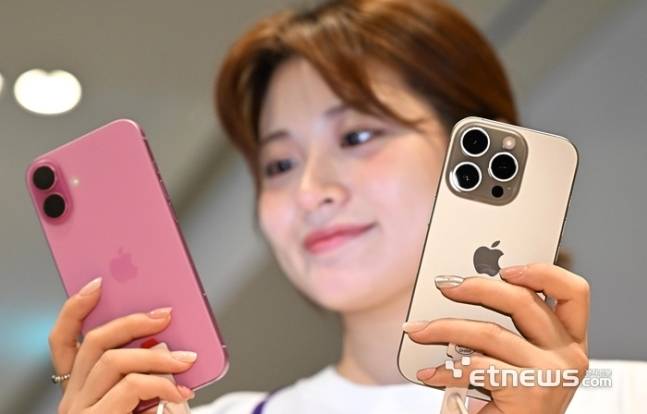 소비자가 아이폰16 시리즈를 비교해보고 있다.