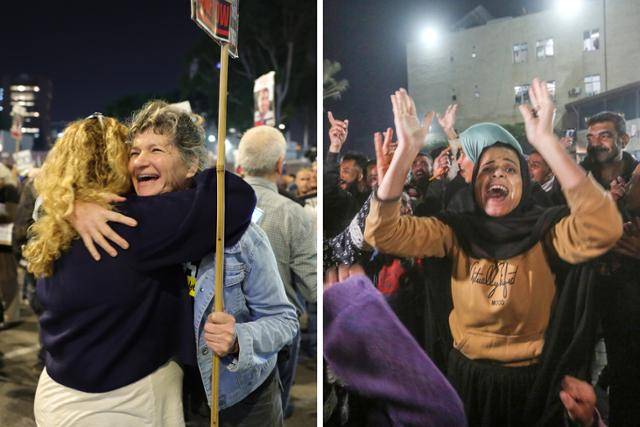 이스라엘과 팔레스타인 무장정파 하마스가 전쟁 발발 470일 만에 휴전에 합의한 15일 이스라엘 텔아비브에서 휴전 촉구 및 인질 석방 요구 시위를 하다 휴전 소식을 들은 한 인질가족이 기뻐하고 있다(왼쪽 사진). 같은 날 가자지구 중구 데이르알발라에서 거리로 나온 팔레스타인인들이 환호하고 있다. 이스라엘과 하마스는 6주간 교전을 멈춘 후 인질과 수감자를 교환하면서 영구적 휴전을 논의하는 3단계 휴전에 합의했으며 휴전협정은 19일 발효될 예정이다. 텔아비브·데이르알발라=EPA·UPI 연합뉴스