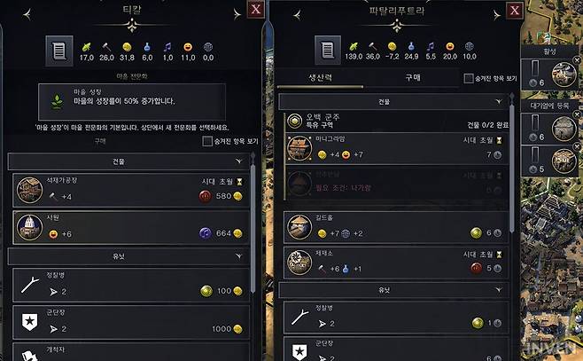 ▲ 구매와 성장만 가능한 마을 티칼과 생산이 가능한 도시 파탈리푸트라