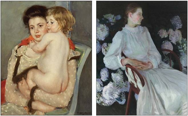 왼쪽부터 메리 카사트 ‘벌거벗은 아기를 안고 있는 렌 르페브르’(1902~1903)와 존 싱어 사전트 ‘캐서린 체이스 프랫’(1890). 우스터미술관