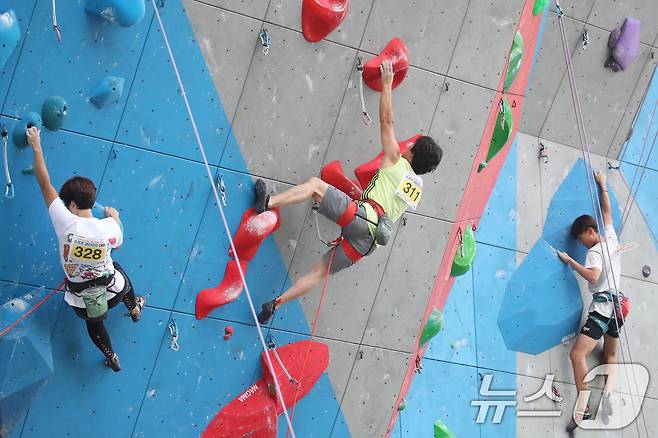 16일 오후 대구 남구 국제스포츠클라이밍장에서 열린 '대구 남구청장·영남이공대 총장배' 스포츠클라이밍대회 결승에 출전한 선수들이 암벽을 오르고 있다. 2024.6.16/뉴스1 ⓒ News1 공정식 기자