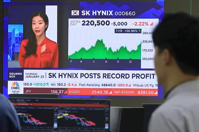 23일 오전 서울 중구 하나은행 본점 딜링룸에서 딜러들이 업무를 보는 가운데 딜링룸 디스플레이를 통해 외신이 SK하이닉스 실적 소식을 전하고 있다. 연합뉴스