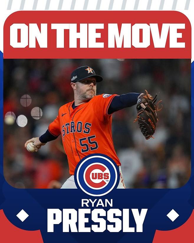 미국프로야구 메이저리그 시카고 컵스가 휴스턴 애스트로스와 트레이드에 합의했다. 우완투수 라이언 프레슬리가 트레이드 거부권을 포기하면서 휴스턴에서 컵스로 이적했다. 메이저리그 공식 SNS