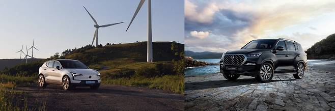 볼보 EX30(왼쪽)과 KGM 2025 렉스턴 / 출처=각사