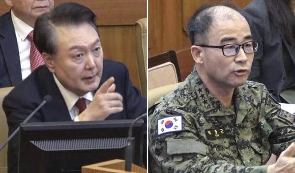 윤석열 대통령이 6일 서울 종로구 헌법재판소에서 열린 탄핵심판 6차 변론에서 증인으로 출석한 곽종근(오른쪽 사진) 전 육군 특수전사령관의 답변을 들은 뒤 손짓을 하면서 발언하고 있다. 헌법재판소 제공
