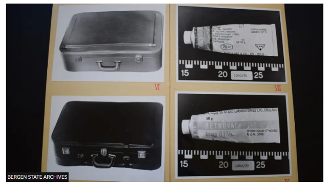 베르겐기록보관소에 남아 있는 당시 증거 사진. 베르겐 기차역에서 발견된 두 개의 여행가방과 그 안에 있던 보습 연고의 모습으로, 개인정보를 알 수 있는 모든 라벨과 스티커는 깨끗하게 제거된 상태였다. BBC 홈페이지 캡처