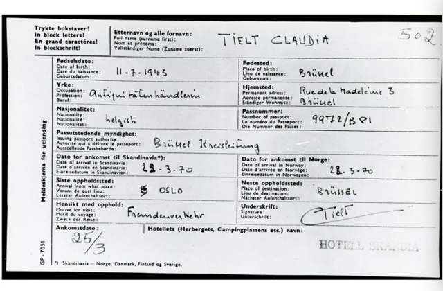 여성이 묵었던 베르겐 호텔 중 한 곳에 남아있던 숙박카드. 이곳에 묵은 여성은 자신이 벨기에 브뤼셀 출신의 '클로디아 틸트'라고 주장했다. NRK 홈페이지 캡처