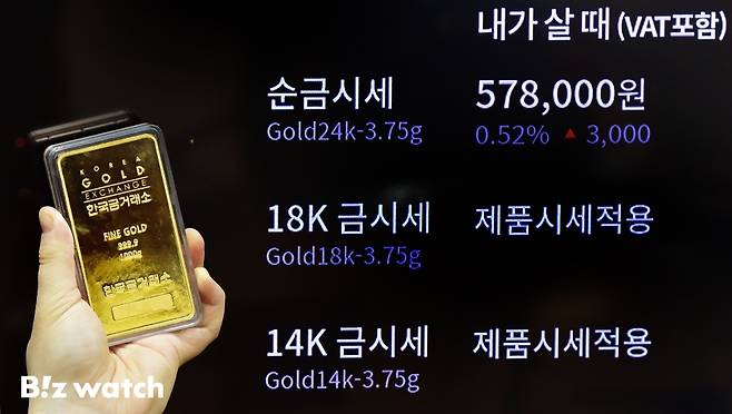 미국 트럼프발 관세 위협에 안전자산 수요가 급증하고 있는 가운데 서울 종로구 한국금거래소에서 24K 금값 1돈(3.75g) 매입가격이 57만원을 넘어서고 있다./사진=이명근 기자 qwe123@
