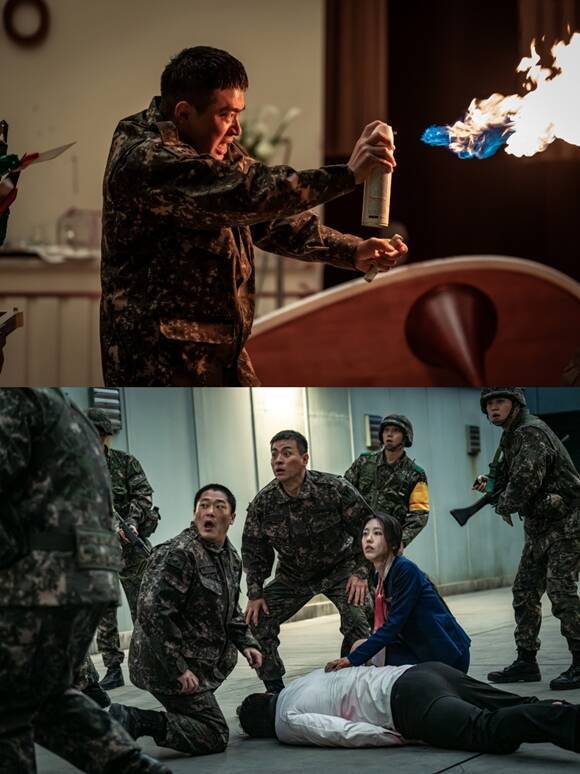 '뉴토피아'는 군인 재윤(박정민 분)과 '곰신' 영주(지수 분)가 좀비에 습격당한 서울 도심을 가로질러 서로에게 달려가는 이야기를 그린다. /쿠팡플레이