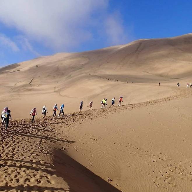 고비 사막 구간을 달리는 몽골고비 울트라마라톤 참가자들. 사진에 잘 안 보이지만 조직위원회가 꽂아 놓은 깃발들을 따라간다. 울트라마라톤은 스피드 경쟁이 없다. 얼마나 멀리, 오래 가느냐가 더 중요하다. /박복진 제공