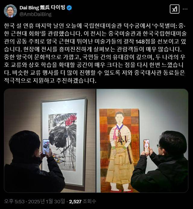 지난달 30일, 다이빙 대사는 설 연휴에 국립현대미술관을 방문해 전시를 관람한 뒤 그 소식을 X에 남겼다. X 캡처
