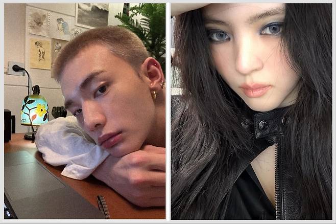 반삭 머리를 한 스트레이 키즈의 현진(왼쪽)과 다크 사이렌 화장을 한 배우 한소희./현진 인스타그램, 한소희 인스타그램