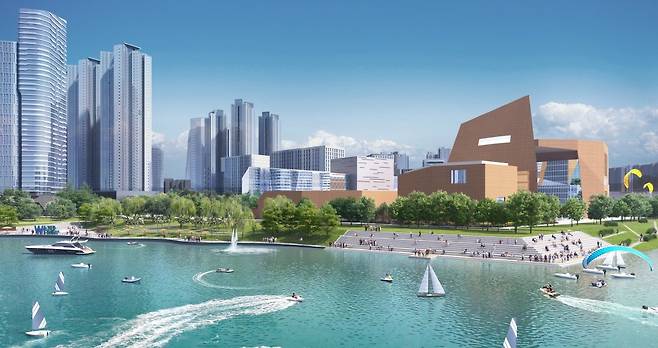 송도 워터프런트 1-2단계 아트센터인천 주변 6공구 호숫가 주변에 설치될 수변 스탠드. 아트센터인천 주변 호숫가 추가 매립을 통해 산책길과 공원, 스탠드가 설치될 예정이다. 인천경제청 제공