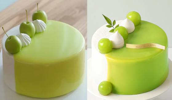 왼쪽은 유명 유튜버 '조꽁드'의 애플 민트 케이크, 오른쪽은 파리바게뜨의 샤인머스켓 케이크 〈사진=유튜브·파리바게뜨 홈페이지〉