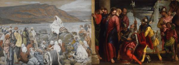 신약성경 누가복음 6장에 기록된 ‘평지 설교’에는 인간의 본능과 세상의 우선순위를 거스르는 예수의 가르침이 다수 등장한다. 사진 속 그림은 프랑스 화가 제임스 티소의 ‘바다에서 사람들을 가르치는 예수’(왼쪽)와 이탈리아 화가 파올로 베로네세의 ‘그리스도와 백부장’. 평지 설교 직후 등장하는 백부장 이야기(눅 7장)에서 예수는 사회적 약자를 이웃 삼아 하나님 사랑을 실천하는 데 모범을 보인다. 위키피디아 제공